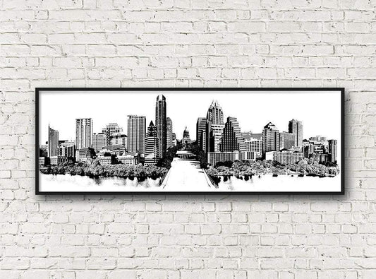 Austin Skyline Black and White Print by Carl Crum, modern Texas wall art on cotton rag paper, archival giclée fine art.