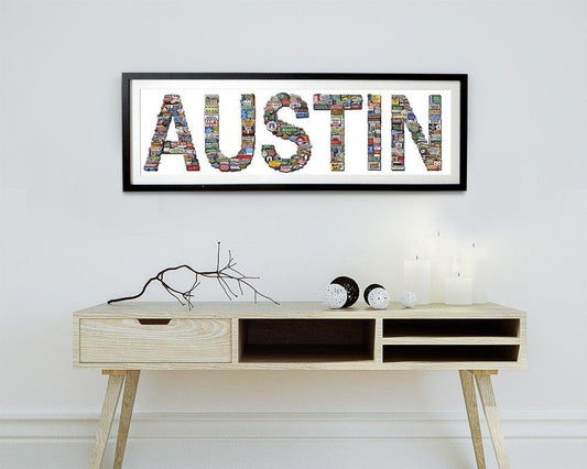 Austin Word Art Print featuring colorful Texas signs and landmarks collage by Carl Crum, framed wall art above modern console table