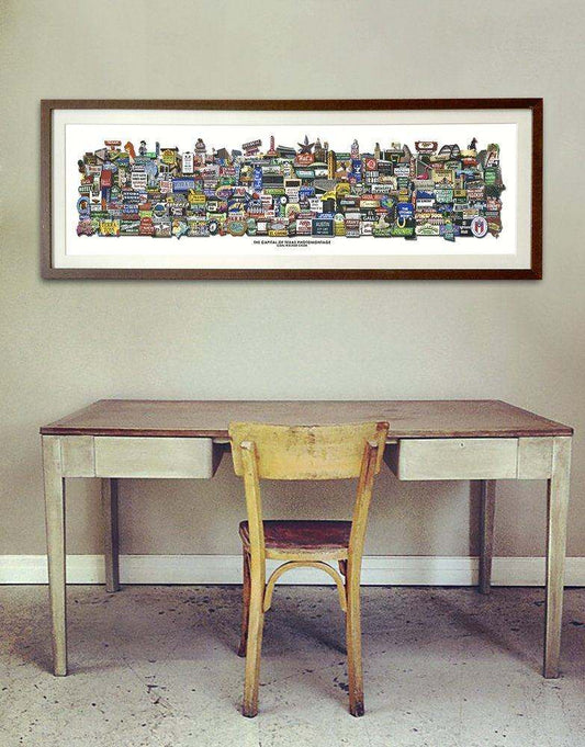 Capitol Of Texas classic Austin photomontage art print by Carl Crum displayed above a desk