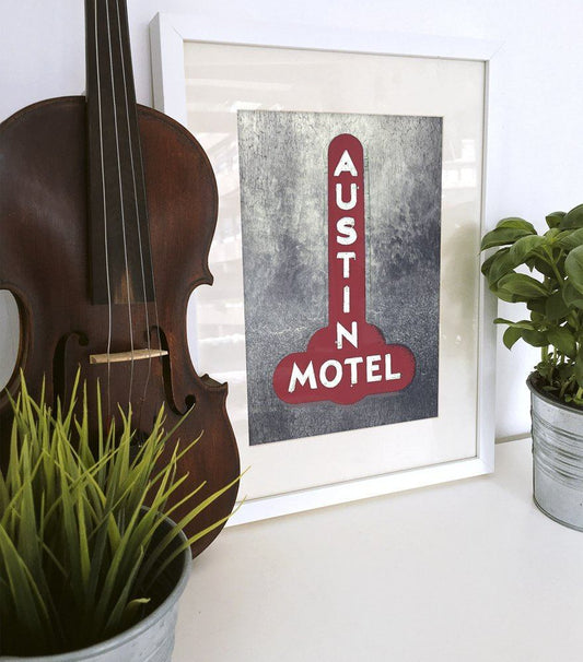 Austin Motel Sign Print by Carl Crum framed modern Texas wall art on cotton rag paper