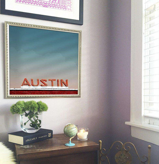 Real World Austin Texas art print by Betsy Crum framed on wall with home decor elements