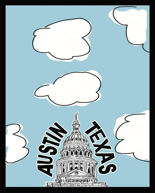 Cartoon Austin Capitol Print with clouds on blue background nursery wall art by Betsy Crum