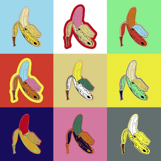 Bananas Warhol Style art print by Betsy Crum featuring colorful pop art banana illustrations in a 3x3 grid, fine art giclée on cotton rag paper