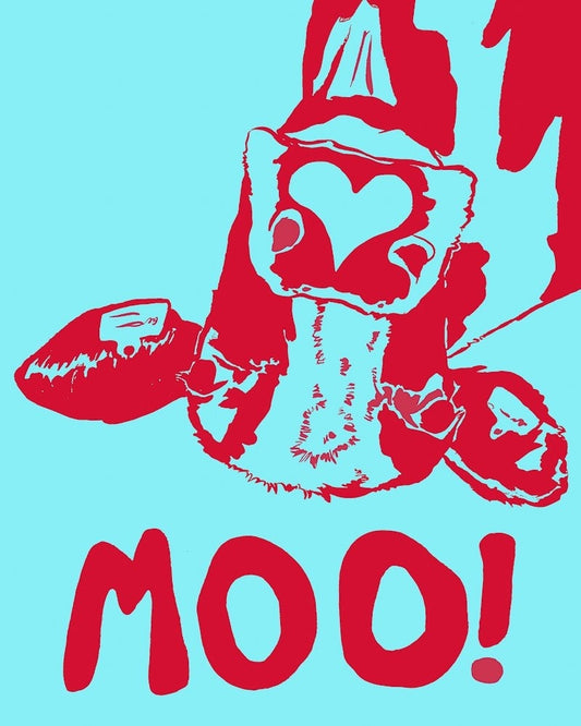 Moo Cow Print blue and red modern art giclée on cotton rag paper by Caya Crum