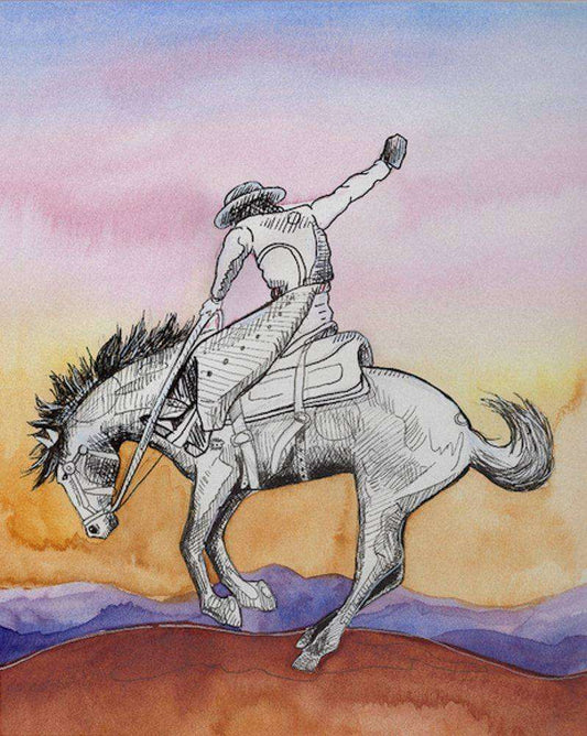 Caya Crum Art Bronco Buster print of cowboy riding bucking horse with colorful sunset background on cotton rag paper