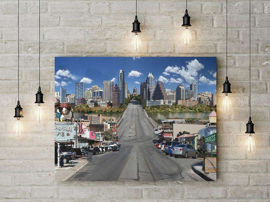 South Congress Avenue photomontage art print of Austin Texas skyline by Betsy Crum on cotton rag paper
