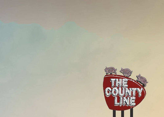 The County Line art print by Betsy Crum featuring a vintage sign with pigs on top, archival giclée on cotton rag paper