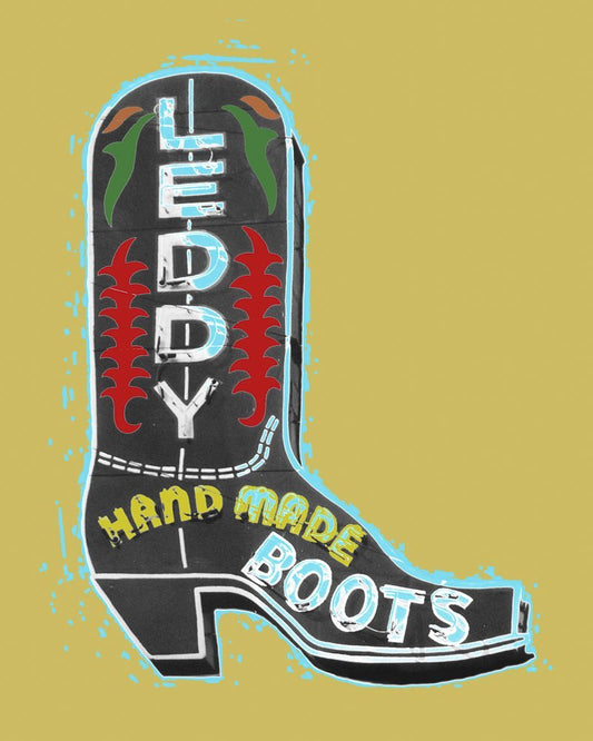 Pop art style colorful Leddy Handmade Boots print inspired by Fort Worth landmark with bold lettering and decorative elements
