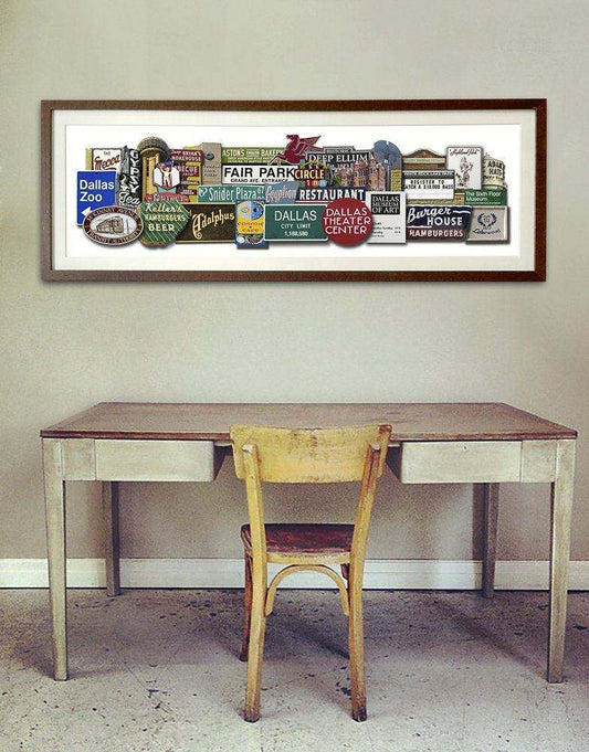 Dallas Favorites Art Print by Betsy Crum displayed above a vintage desk and chair in a minimalist room setting