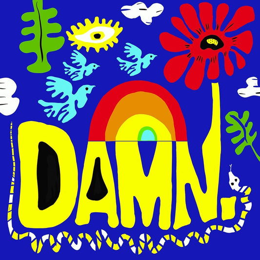 Colorful DAMN. print on blue background with rainbow, poppy flower, peace doves, and snake illustration