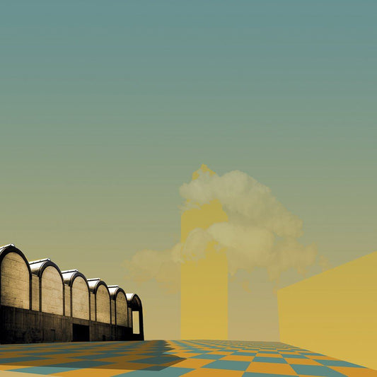 Surrealist print of Fort Worth Kimbell Art Museum and Will Rogers Tower inspired by De Chirico with muted colors and geometric patterns