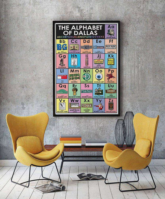 Dallas Texas Alphabet of Dallas art print by Crum Art displayed in modern room with yellow chairs