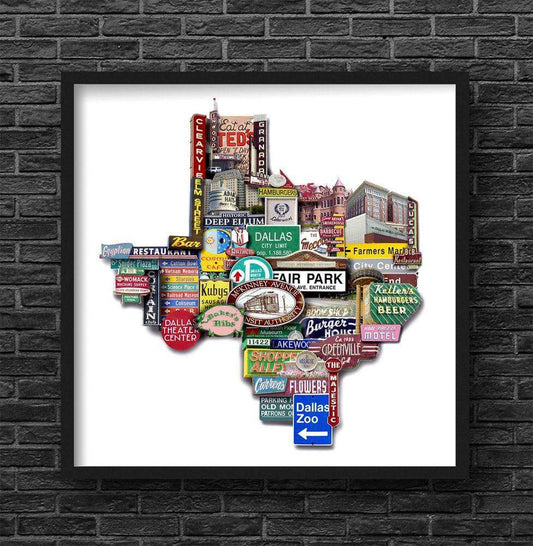 Dallas Texas shaped photomontage collage art print featuring iconic signs and landmarks by Betsy Crum, archival giclée on cotton rag paper.