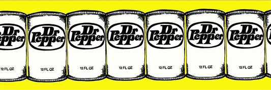 Dr Pepper Warhol style museum print featuring repeated Dr Pepper cans on yellow background