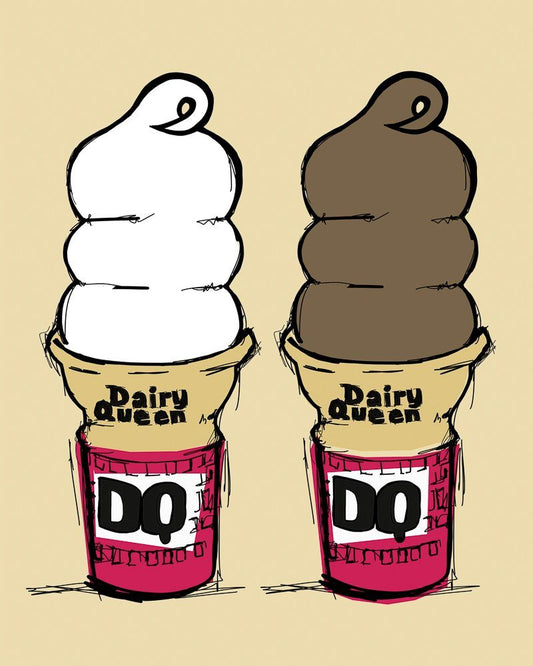 Dairy Queen DQ Cone vanilla and chocolate soft serve art print on beige background