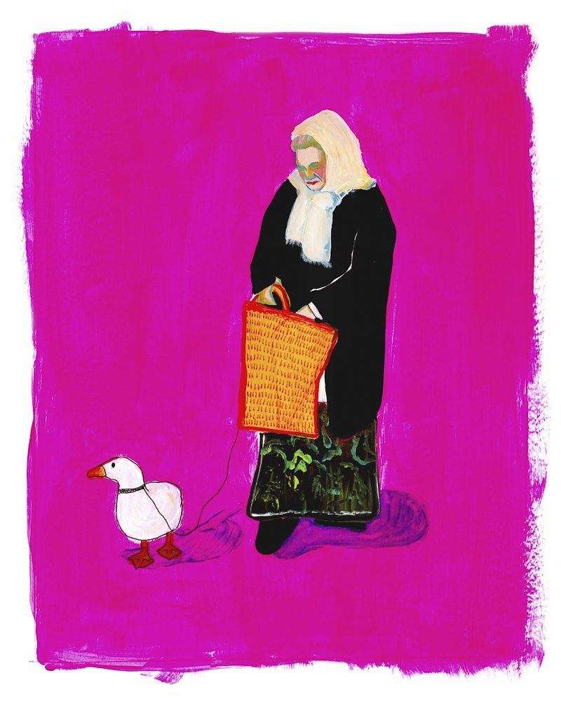 Pink Duck Lady art print by Caya Crum showing a woman in black with a white scarf and a duck on a bright pink background