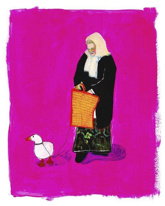 Pink Duck Lady art print by Caya Crum showing a woman in black with a white scarf and a duck on a bright pink background