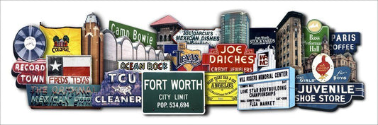 Collage of vintage Fort Worth signage including city limit sign, restaurants, shops, and landmarks on archival museum print