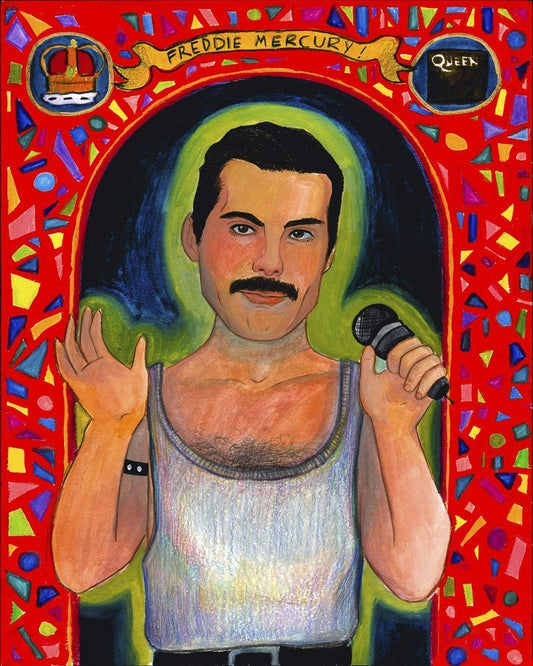 Colorful portrait of Freddie Mercury holding a microphone with Queen and crown symbols on red mosaic background