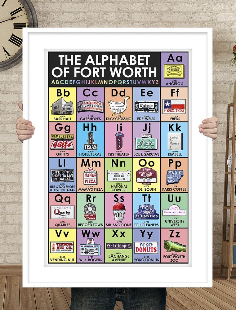 Framed Fort Worth Alphabet print featuring iconic signs and landmarks, colorful museum-quality art on acid-free paper signed by artist.