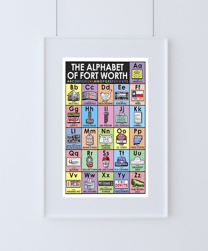 Fort Worth Alphabet print featuring local signs and landmarks in a colorful A to Z design, signed by the artist, matted and framed for wall display