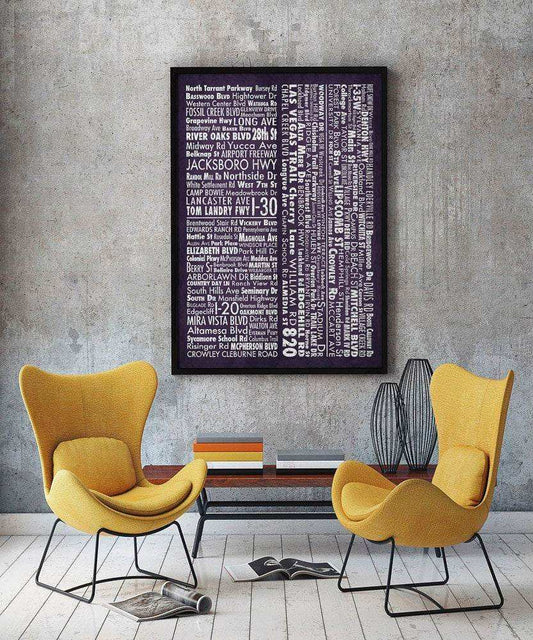 Fort Worth North South East West art print by Betsy Crum in modern living room with yellow chairs