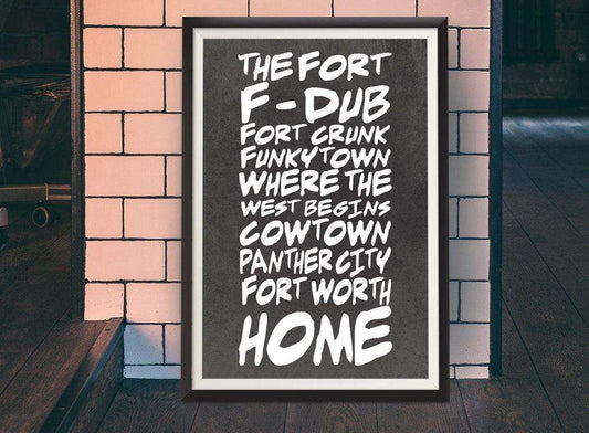 Fort Worth Texas Nicknames art print by Betsy Crum in black and white, modern Texas wall art on cotton rag paper