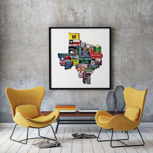Fort Worth Texas shaped photomontage art print by Carl Crum on cotton rag paper displayed in modern living room