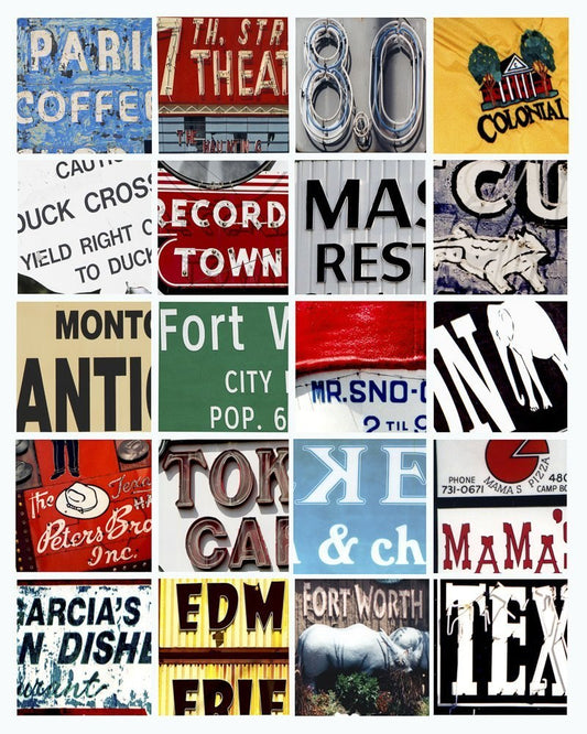 Collage of vintage signs and text elements representing Fort Worth Squared museum print on acid-free cotton paper