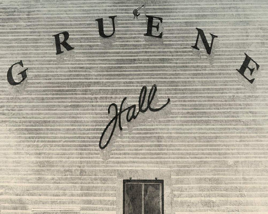 Black and white museum print of Gruene Hall sign on textured paper