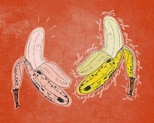 Two happy bananas colorful modern art print on orange background by Betsy Crum