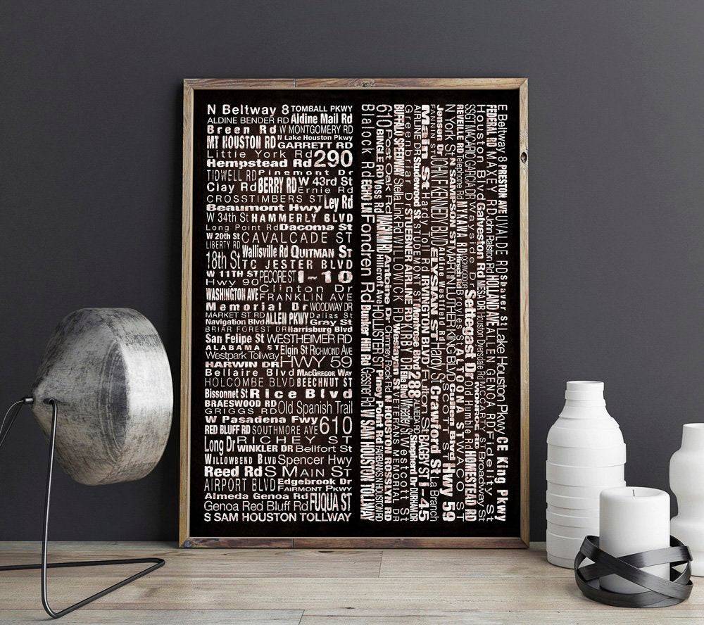 Houston Streets print featuring main roads, signed by the artist, displayed in a stylish room setting.