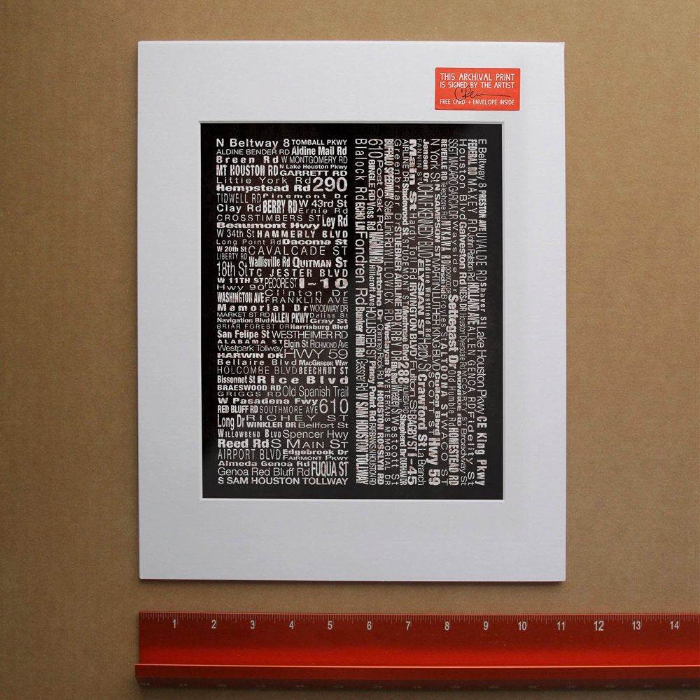 Houston Streets print showcasing main roads east-west and north-south directions, signed by artist.