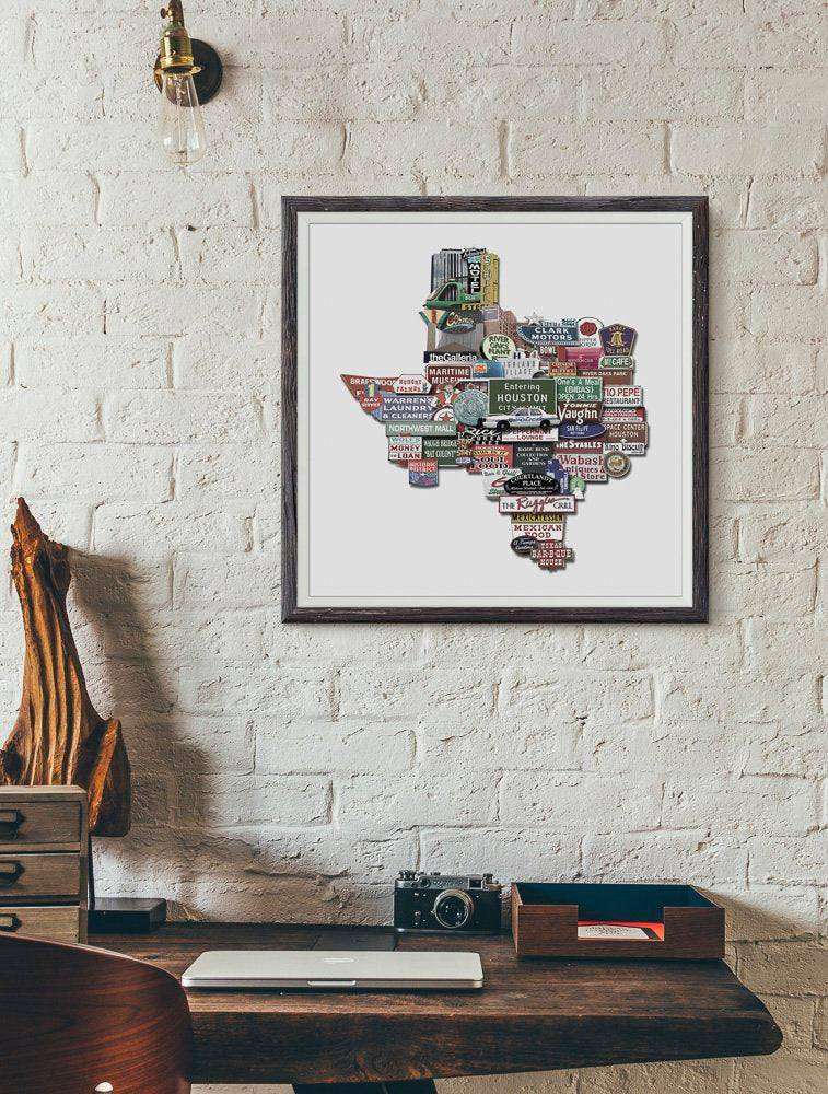 Houston Texas shaped photomontage art print by Betsy Crum on cotton rag paper displayed on wall