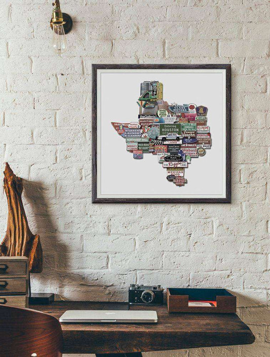Houston Texas shaped photomontage art print by Betsy Crum on cotton rag paper displayed on wall