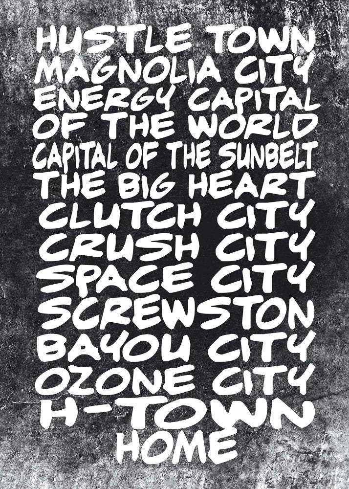 Houston Streets print featuring city thoroughfares in artistic text style.