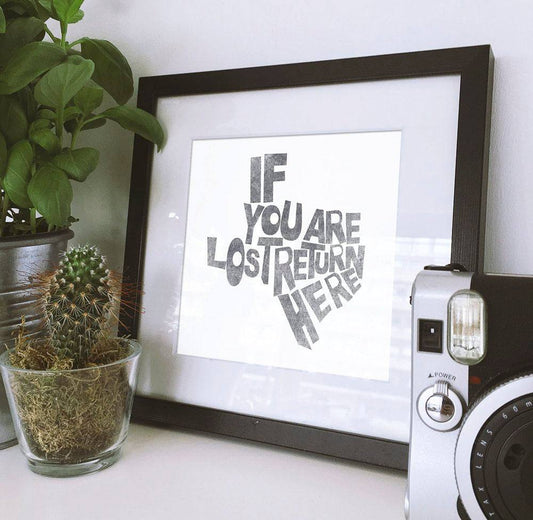 Framed Texas shaped print with "If You Are Lost Return Here" text displayed on a shelf next to a potted cactus and camera.