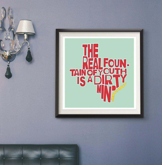 Jerry Hall Quote Art Print by Betsy Crum framed on wall with modern typography and light green background