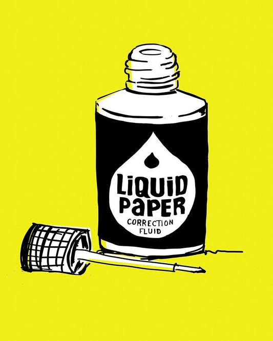 Illustration of a Liquid Paper correction fluid bottle with cap and applicator on a bright yellow background