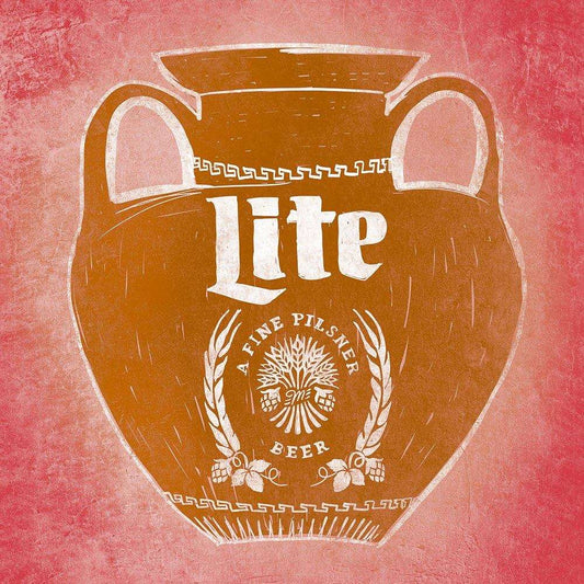 Miller Lite Classic art print on cotton rag paper by Betsy Crum, featuring a stylized beer logo on a red background.