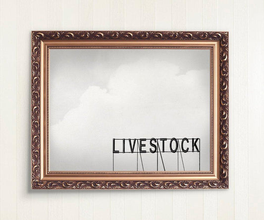 Black and white framed photograph of Livestock Fair Park sign against cloudy Texas sky