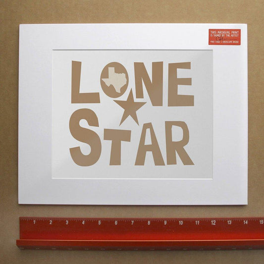 Lone Star museum print on acid-free cotton paper with archival inks, featuring Texas state silhouette and star design, signed by artist.