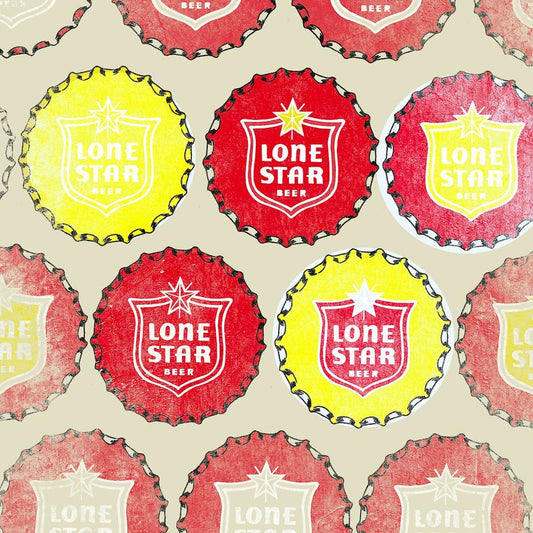 Lone Star Beer Bottlecap art print with red and yellow caps on neutral background by Betsy Crum