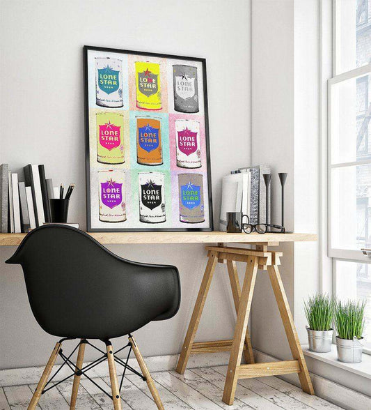 Lone Star Beer Andy Warhol inspired colorful art print by Betsy Crum, displayed in modern home office with wooden desk and black chair