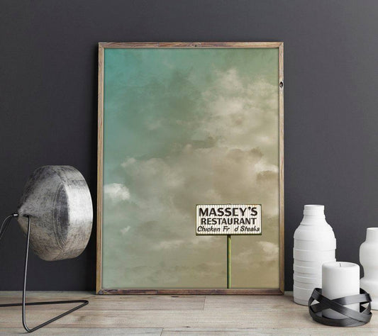 Framed museum print of Massey's Restaurant sign against cloudy sky on acid-free cotton paper with artist signature