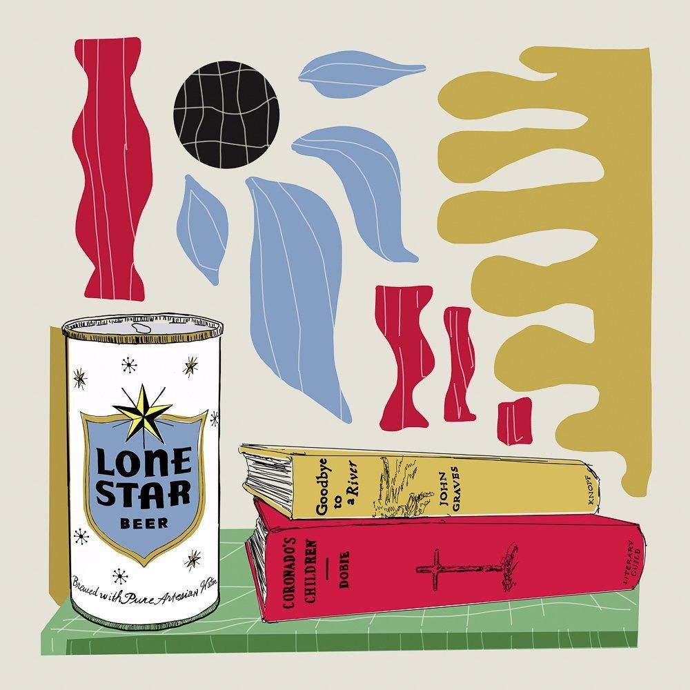 Texas Matisse Lone Star Beer art print with abstract shapes, beer can, and books on green surface