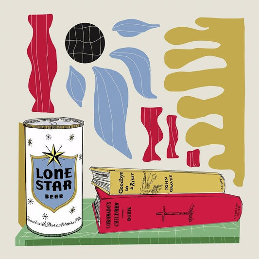 Texas Matisse Lone Star Beer art print with abstract shapes, beer can, and books on green surface