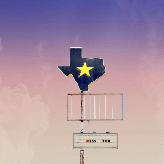 Texas Miss You Print by Crum Art featuring Texas shape with yellow star and "Miss You" sign on pastel sky background