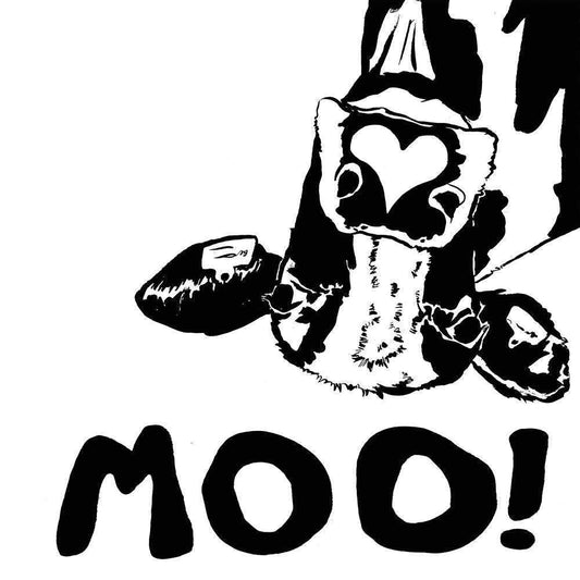Black and white Moo Cow Print art with heart detail and "MOO!" text on cotton rag paper by Caya Crum
