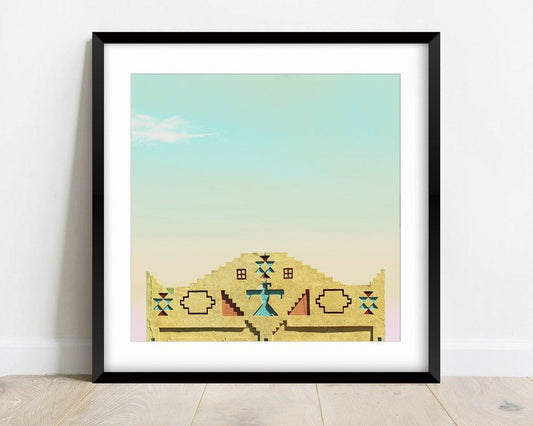 Framed art print of Mountainair New Mexico Courthouse with clear sky and Southwestern design details